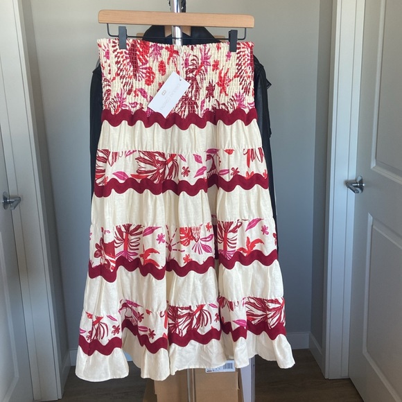 M🔖 CAROLINE CONSTAS Linen Scalloped Two Piece Skirt Set Floral Red Cream Ivory - Picture 6 of 10